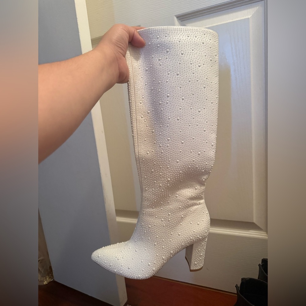 Fashion Nova White Heeled Boots with Shimmery Finish